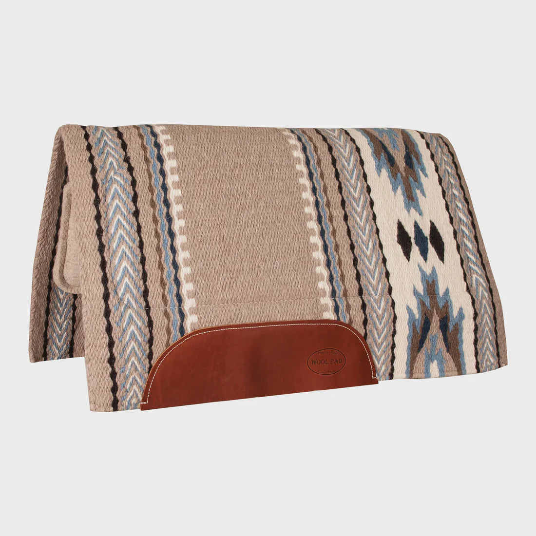 36x34 New Zealand wool western saddle pad with felt centre, tan wool bottom and leather wear patches.