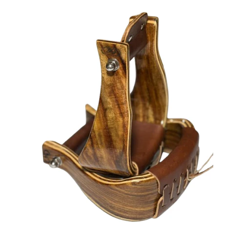 3-inch wooden bonded oxbow stirrups for Western riding made from durable timber.
