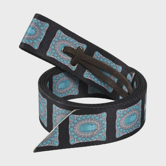 6 foot nylon latigo strap with blue concho pattern for nearside Western saddle attachment