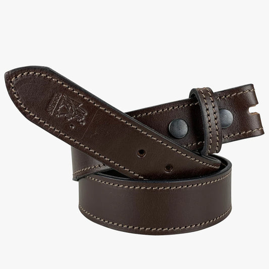 Australian made solid leather belt, 1.5 inches wide, durable construction with no buckle included for custom hardware fitting.