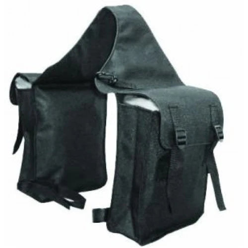 Black nylon western saddle bag with double-sided design for carrying riding gear and saddle accessories.