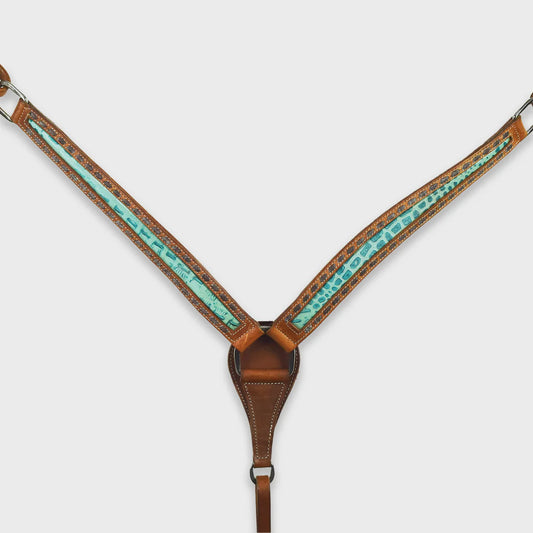 Ezy Ride leather breastplate with turquoise croc inlay stainless steel fittings and copper buckles cob full size harness leather