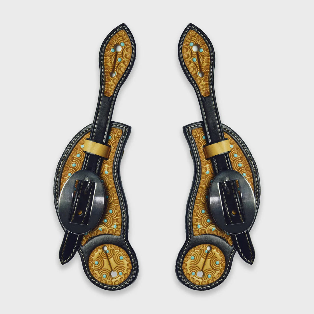 Ezy Ride leather western spur straps with shell stamping and turquoise dot design, 9 inch length for riding spurs.