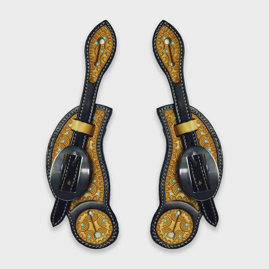 Ezy Ride leather western spur straps with shell stamping and turquoise dot design, 9 inch length for riding spurs.