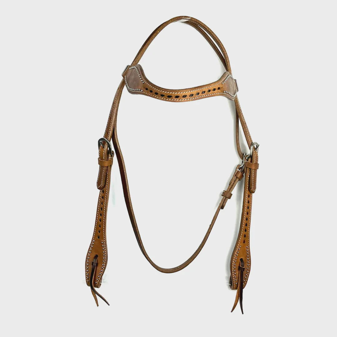 Ezy Ride Western bridle with shaped browband decorative lace and dot detail in harness leather one size fits cob and full horses