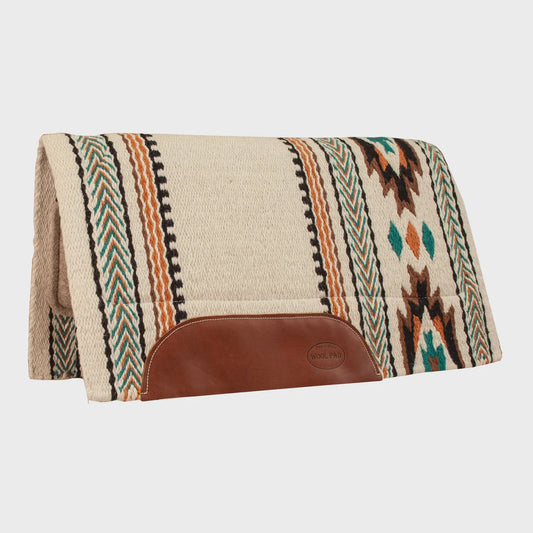 Cream and turquoise wool western saddle pad 36x34 with New Zealand wool, felt core and leather wear patches.