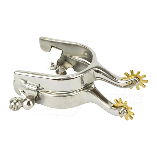 Gold Cup Camp Draft spurs with 1-inch band, 2-inch shank and brass rowels for western and camp draft riding boots.
