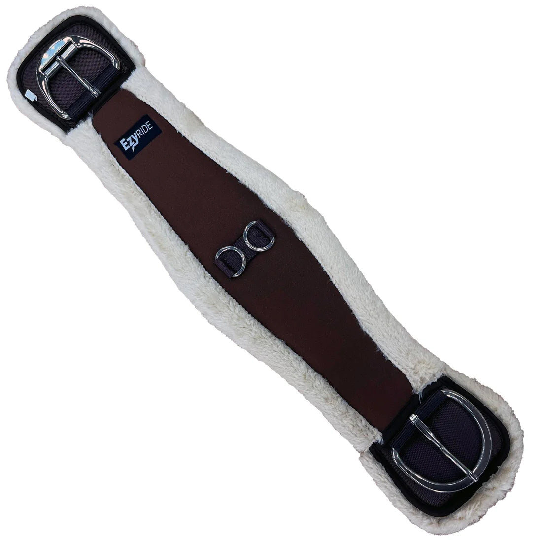 Brown Ezy Ride Western Anatomical Fleece Girth with soft fleece lining and contoured design for horse comfort.